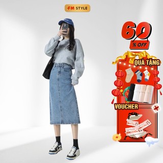 Chân váy jean dài xẻ tà trước viền chỉ nổi fmstyle, chân váy dài xẻ tà jean phong cách Hàn Quốc | Fmstyle Shop 209200037
