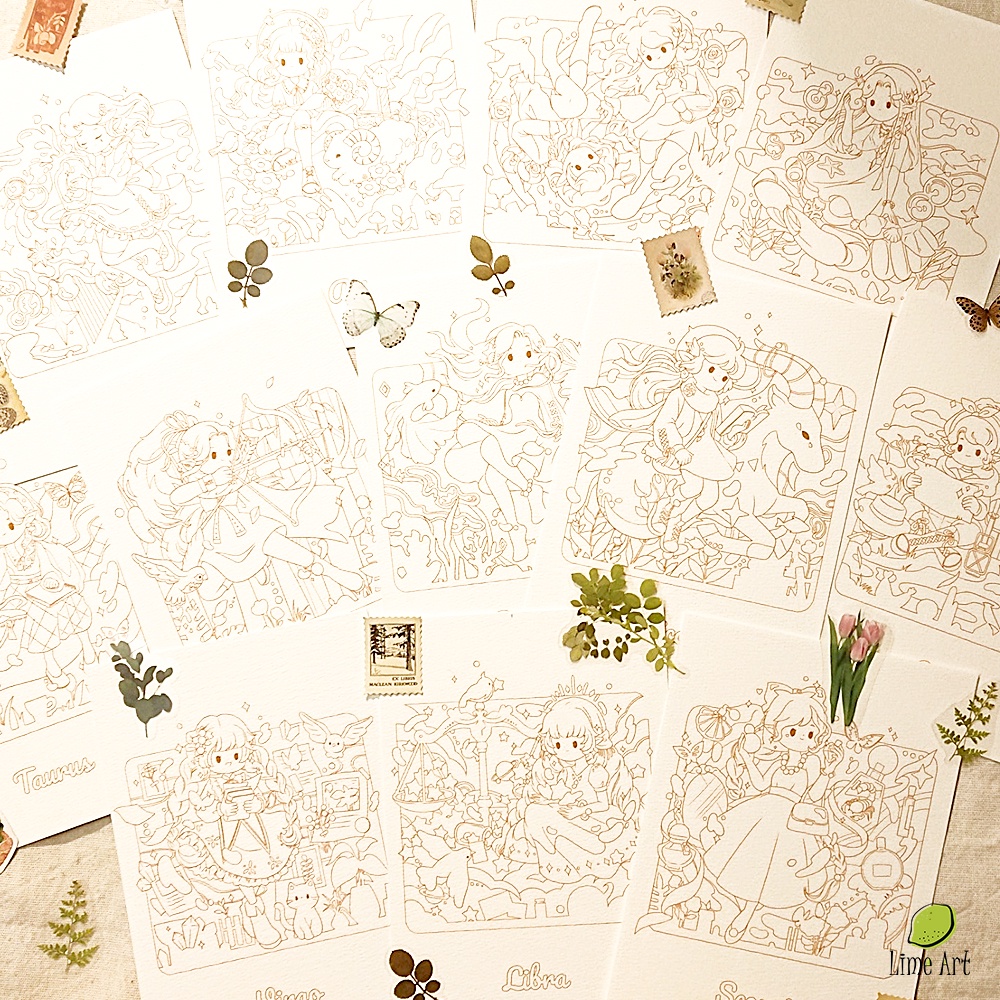 Tranh tô màu nước CHIBI 12 Cung Hoàng Đạo họa sĩ KyuEki / Line Art / Khổ A5 dày 300gsm