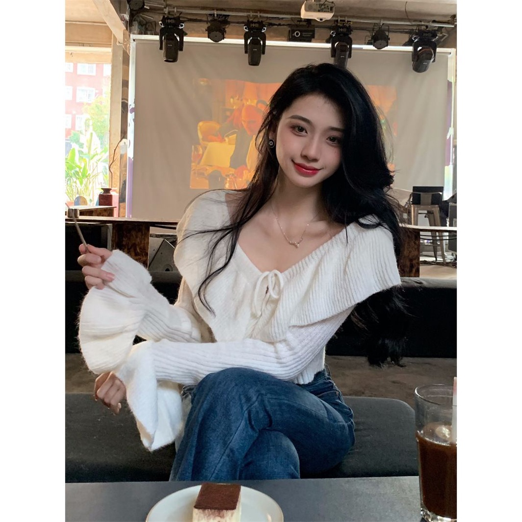 Áo Sweater Dệt Kim Trễ Vai Tay Dài Dáng Ôm Thời Trang Thu Đông Hàn Quốc