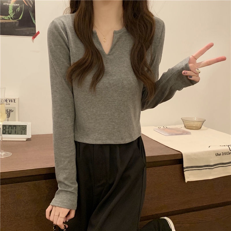 Áo thun SUXI tay dài cổ chữ V dáng ôm thời trang mùa thu phong cách Hàn Quốc cho nữ