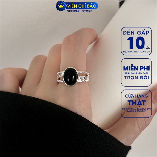 Nhẫn bầu dục đá đen viền xích chất liệu bạc Thái 925 thời trang phụ kiện trang sức nữ Viễn Chí Bảo N000146