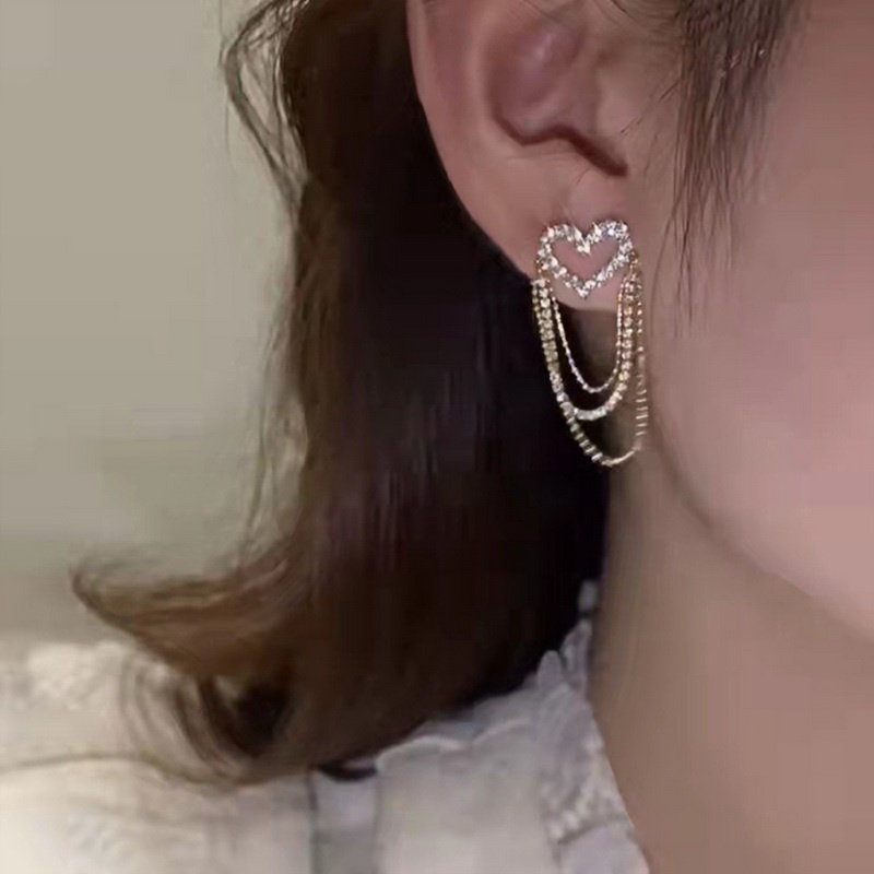 Đôi Bông Tai Dáng Dài Hình Trái Tim Đính Đá Thời Trang Cho Nữ