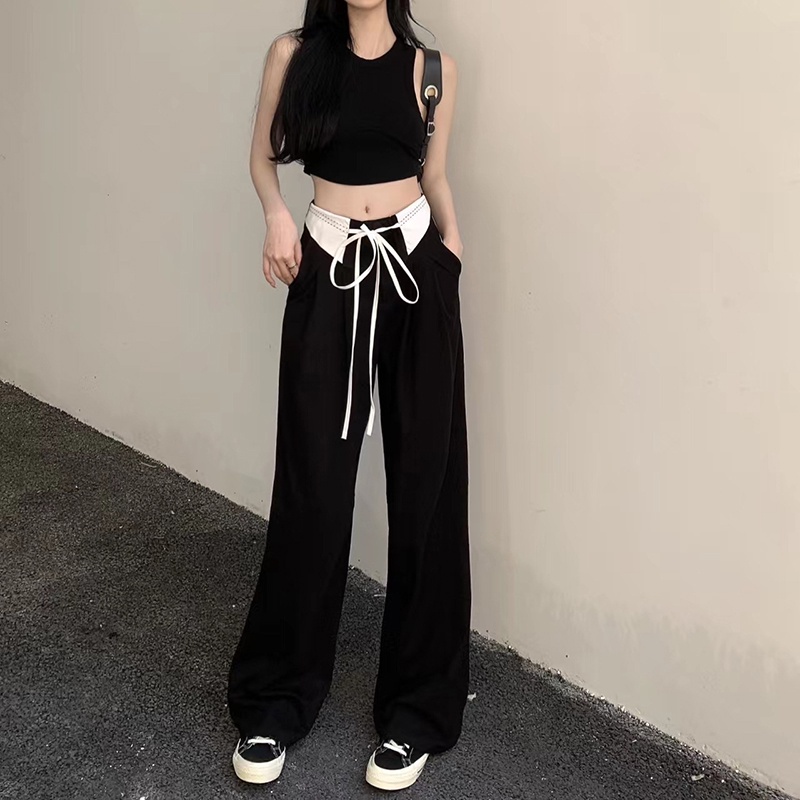 IELGY  IELGY Quần Dài Dây Rút Dáng Rộng Màu Sắc Tương Phản Thời Trang Cho Nữ