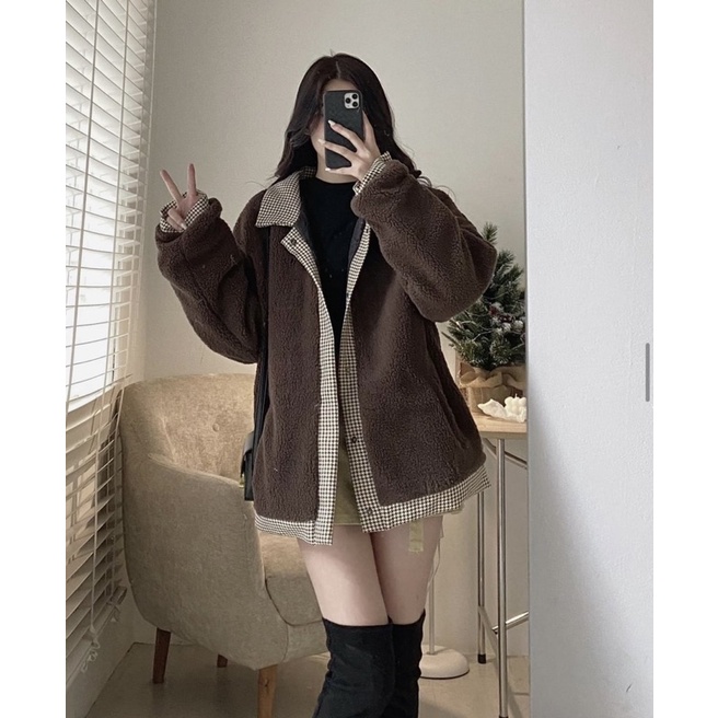 ÁO KHOÁC LÔNG CỪU NÂU ĐẬM PHỐI KẺ CARO SIÊU XINH