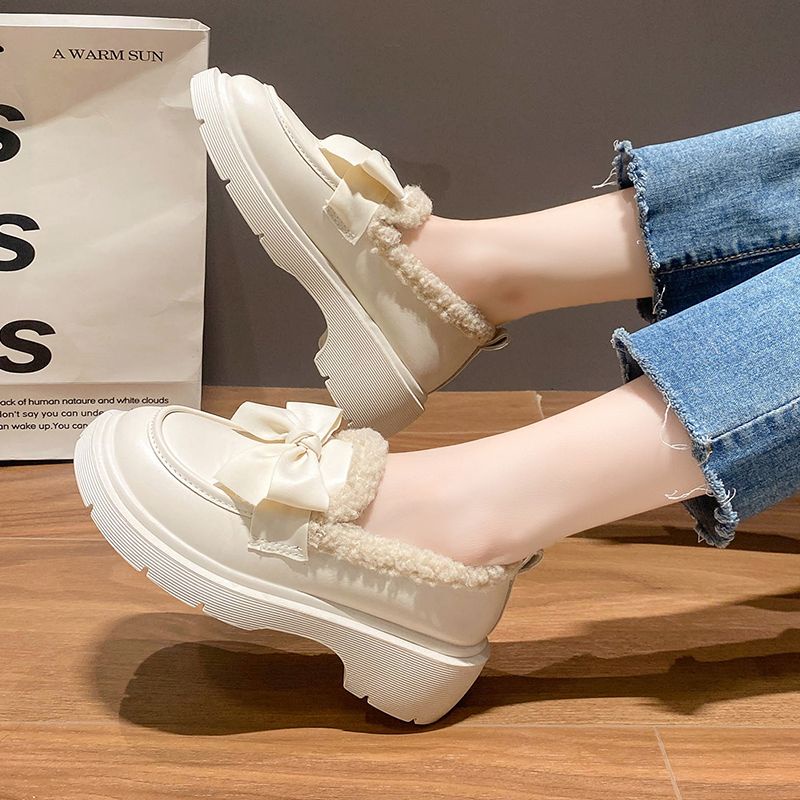 Giày Da Đế Dày Mềm Mại Lót Lông Cừu Đính Nơ Phong Cách Nhật Bản Thời Trang Thu Đông Cho Nữ