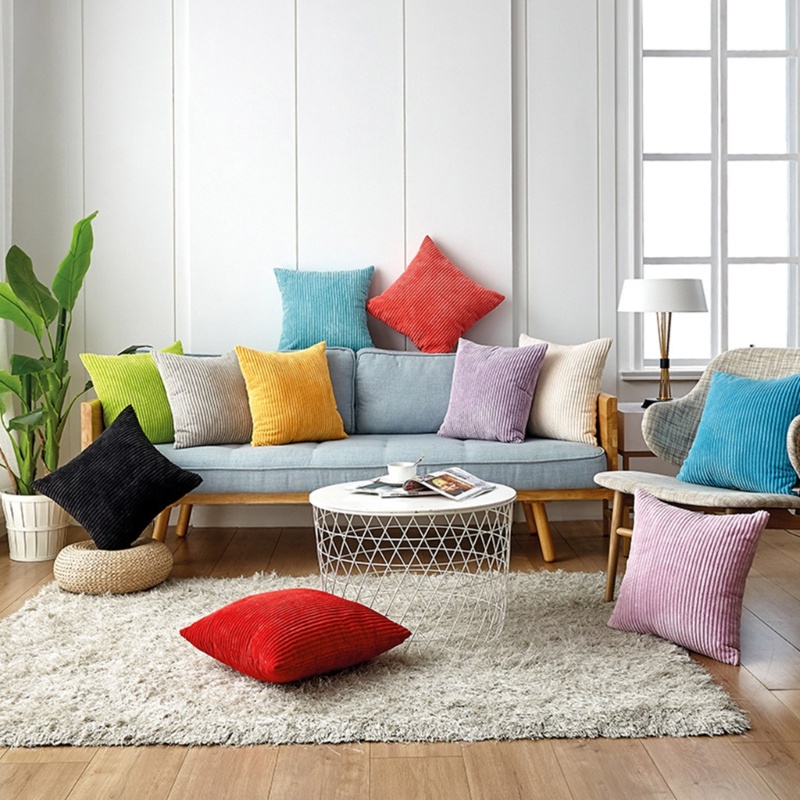 Vỏ Gối Hình Vuông 45x45cm Bằng Nhung Kẻ Trang Trí Nhà Cửa