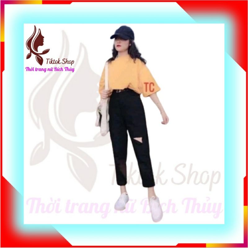Quần baggy nữ rách, quần ống rộng rách gối màu đen lưng cao chất vải jean mềm mịn nhẹ nhàng