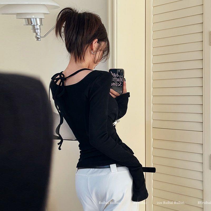 Áo Thun Thu Đông Tay Dài Hở Vai Dáng Ôm Màu Trơn Dễ Phối Đồ Phong Cách Mỹ Cho Nữ