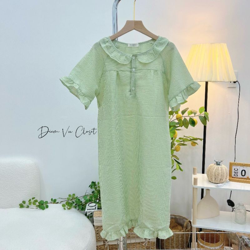 [Hình Thật] Đầm ngủ nữ chất đũi xốp/ đũi gân viền bèo tiều thư hoạ tiết cute | BigBuy360 - bigbuy360.vn