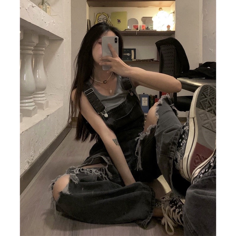 Quần Yếm Jean Rách Gối Phom Rộng Phong Cách Ullzang