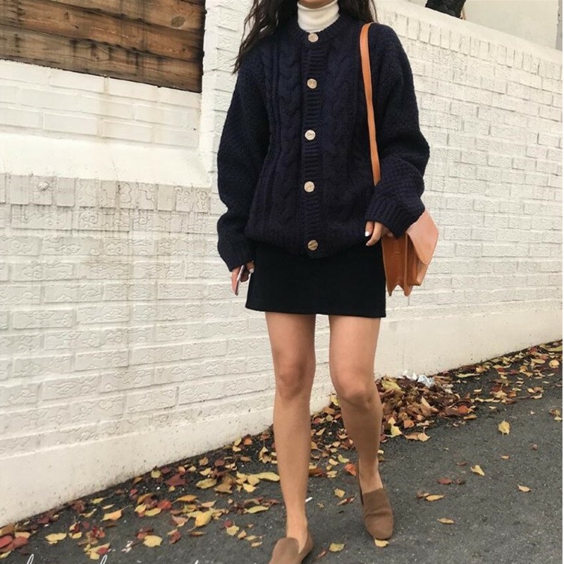 Áo Khoác cardigan Dệt Kim Dáng Rộng Phong Cách retro Hàn Quốc
