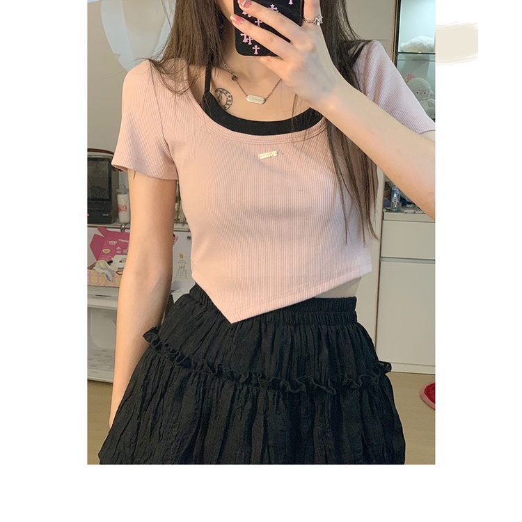 Áo thun ZHELIHANGFEI giả hai lớp tay ngắn phong cách Hàn Quốc trẻ trung thời trang dành cho nữ