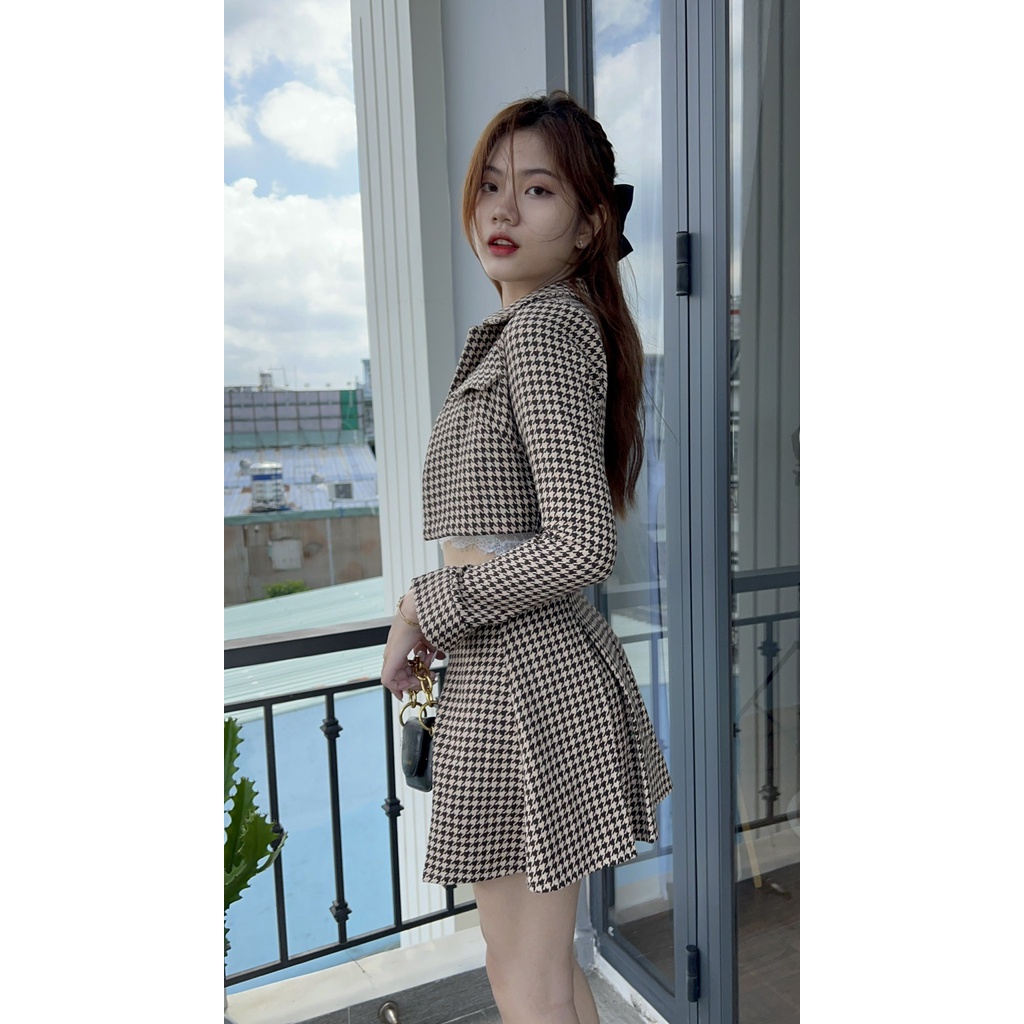 Set 2 món, set dạ caro áo croptop kèm chân váy xòe xinh xắn