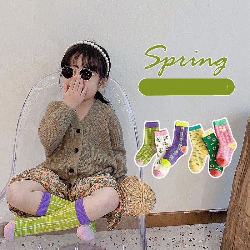 Set 3 Đôi Tất Vớ Cho Bé Họa Tiết Cổ Cao Vintage Phong Cách Hàn Quốc Hoa nhí