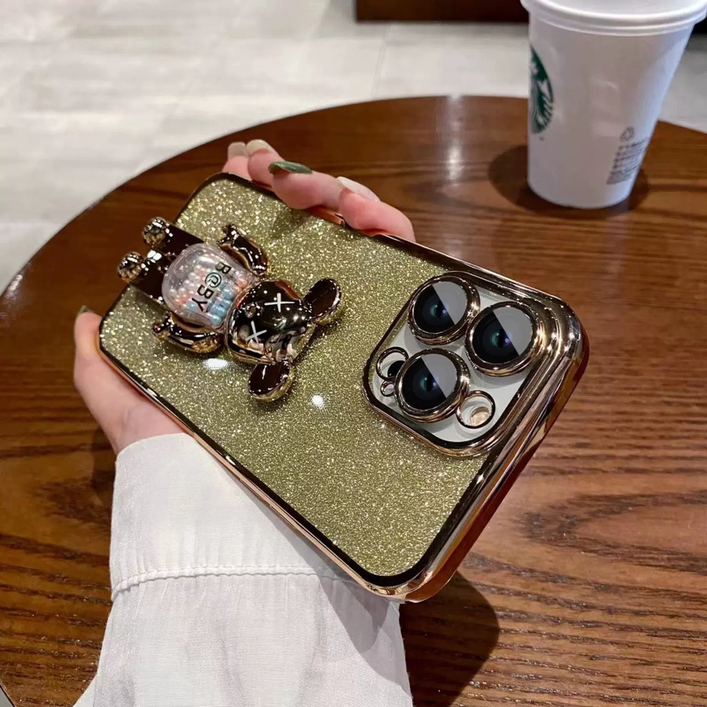 Ốp Điện Thoại Dẻo Trong Suốt Họa Tiết Hoạt Hình Chú Gấu Có Nước Kim Tuyến Cho iPhone 14 Pro Max 13 12 11 X Xr Xs