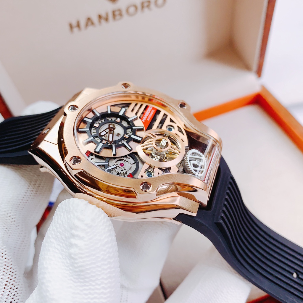 Đồng Hồ Nam Hanboro HBR 995 Màu Đen - Dây Cao Su , Máy Automatic , Size 42mm