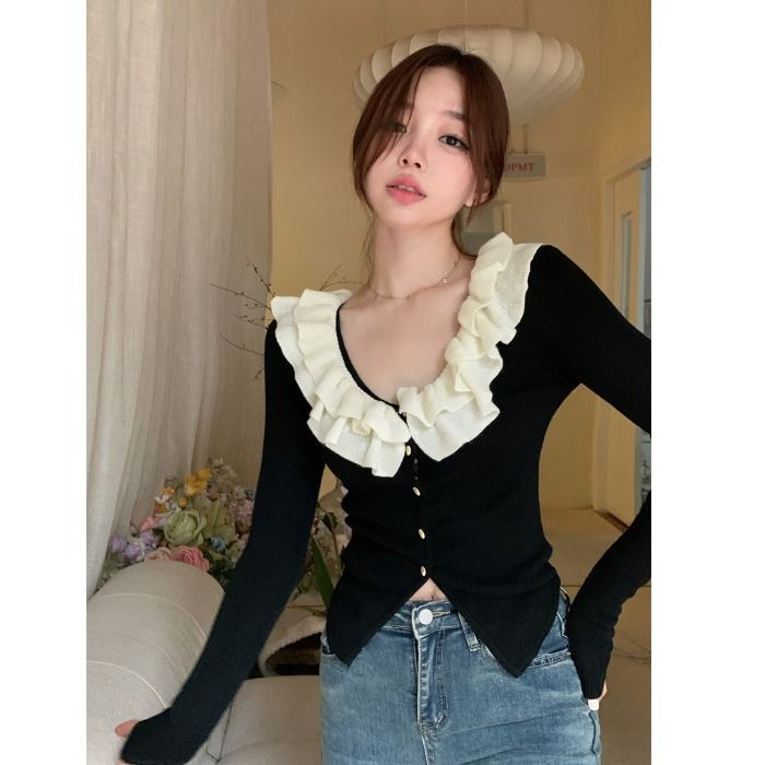 Áo Cardigan Dệt Kim Tay Dài Cổ Chữ v Màu Đen Thời Trang Mùa Thu Cho Nữ