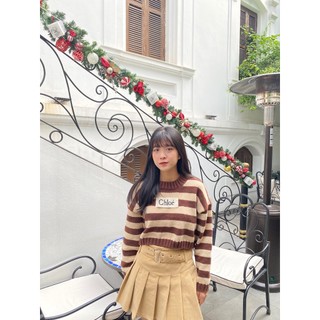 A33 Áo len kẻ ngang croptop cổ tròn dày dặn LCHEE