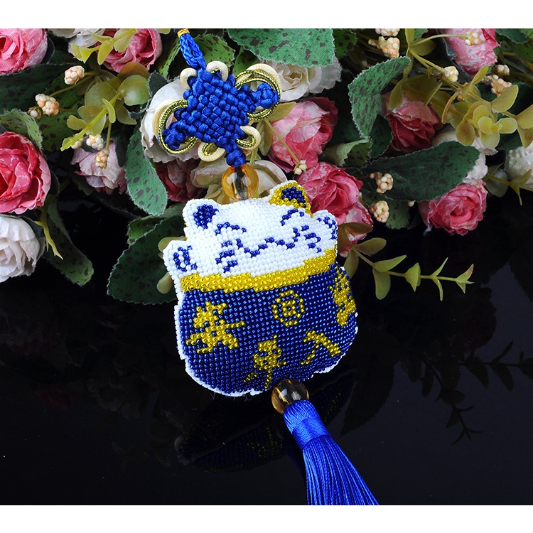 Trọn bộ vật liệu túi kết đồng tâm - túi mai mắn kết cườm treo xe hơi - mèo mai mắn