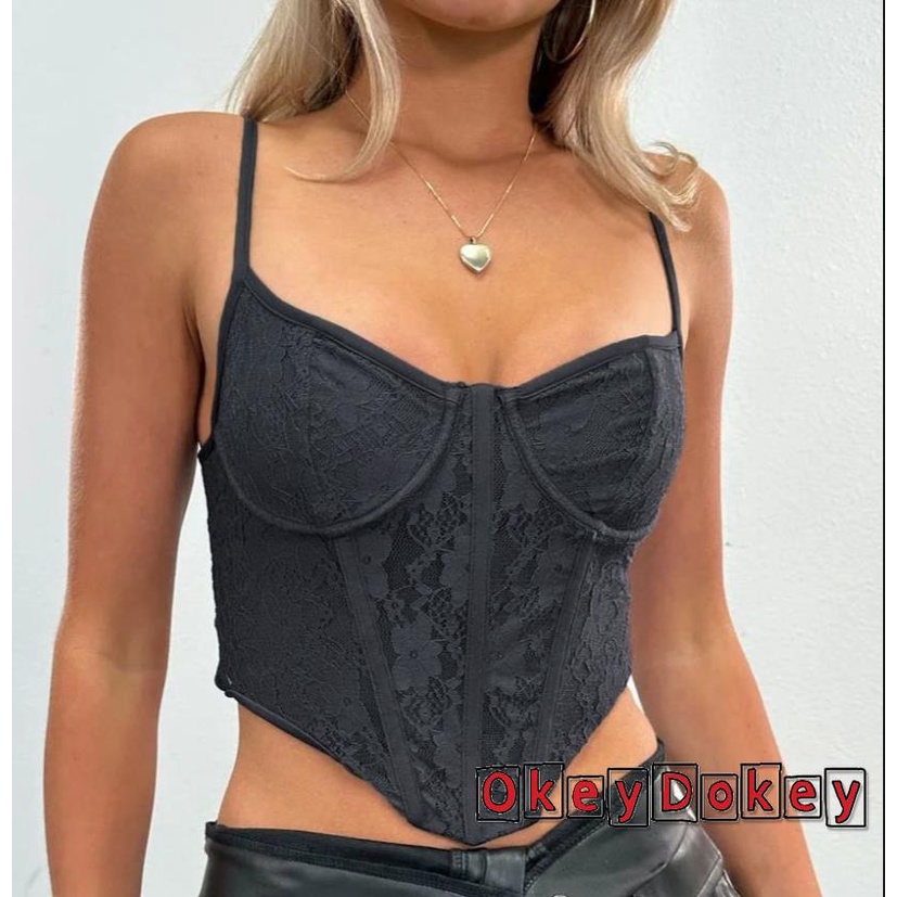 Áo Croptop Hai Dây Mỏng Sát Nách Phối Ren Hoa Khoét Sâu Gợi Cảm Y2K Cho Bạn Gái