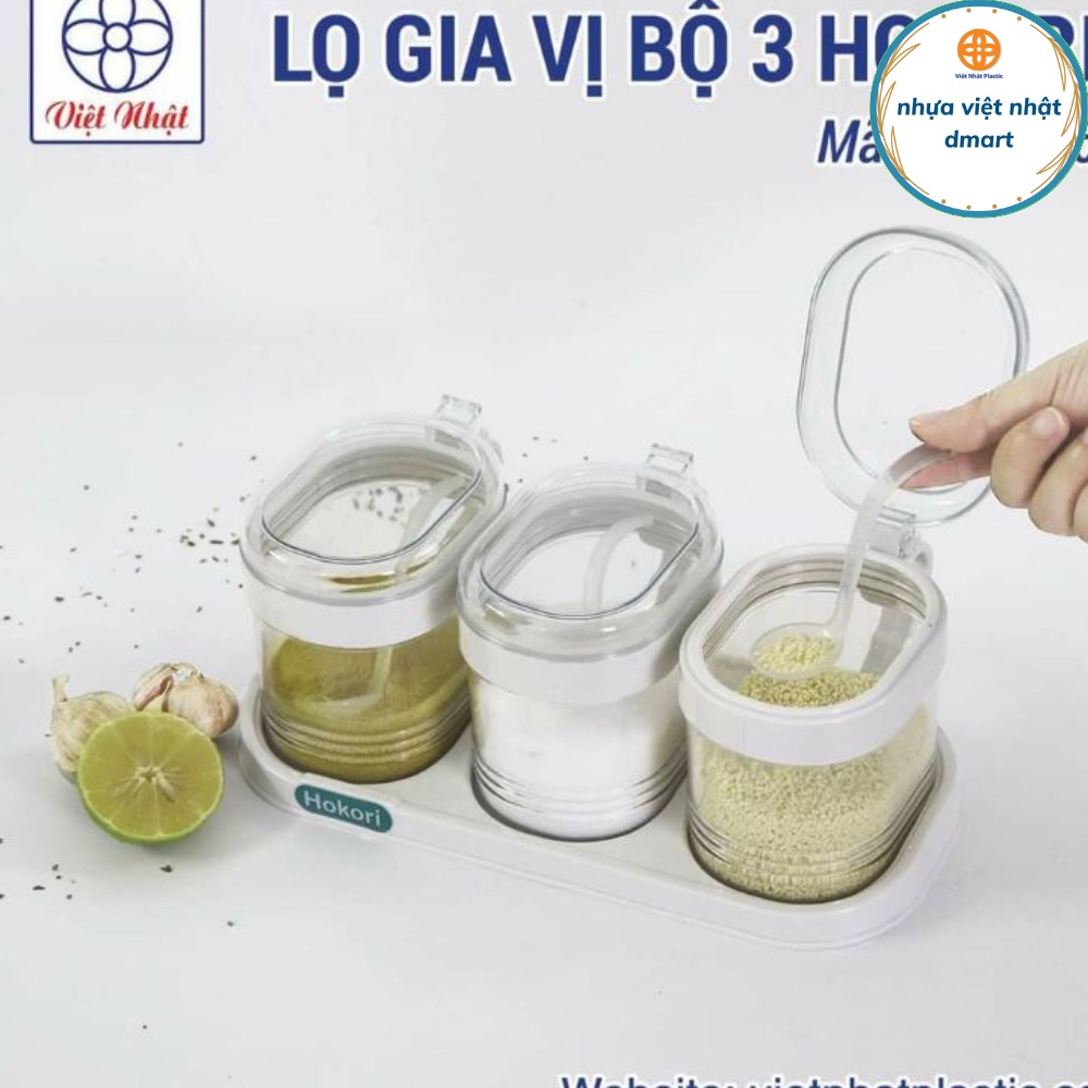 Set 3 hũ đựng gia vị hokori nắp bật, hũ đựng gia vị nhựa Việt Nhật kèm muỗng 2936