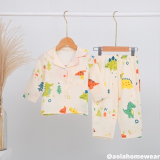 Pijama bé trai bé gái dài tay mặc ngủ điều hòa vải xô muslin áo lá - ảnh sản phẩm 3