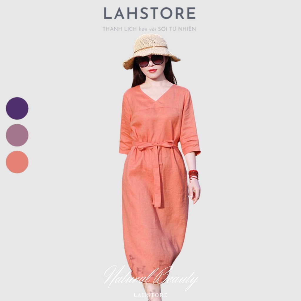 Đầm suông linen LAHSTORE thiết kế tay lỡ cổ tim phối đai eo rời trang nhã sang trọng (Cam Đất)