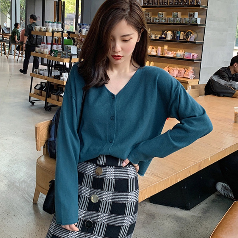 Áo Len Tay Dài Cổ Chữ v Màu Trơn Phong Cách Retro Đơn Giản Dễ Phối Đồ