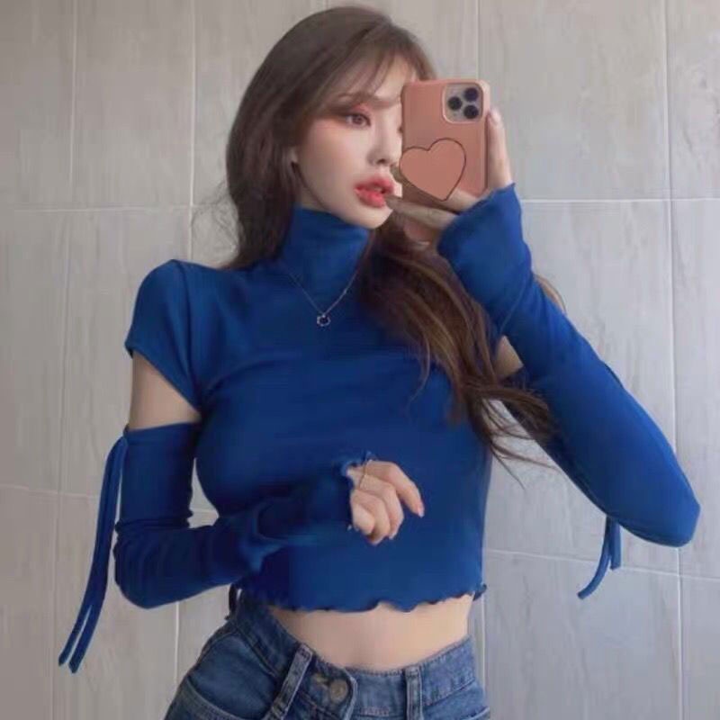 Áo thun YEYA tay dài cổ cao viền gợn sóng phong cách phương Tây quyến rũ cho nữ