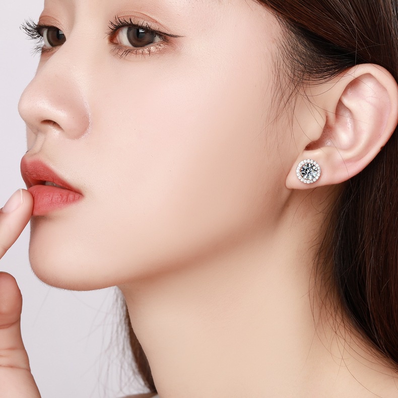 Kim Cương Nhân Tạo Moissanite  Bông tai nữ 925 bạc 0,5 +0,5/1+1/2+2 carat D màu sắc Mosan khoan có thể kiểm tra bút chì kim cương với giấy chứng nhận xác nhận bông tai tròn