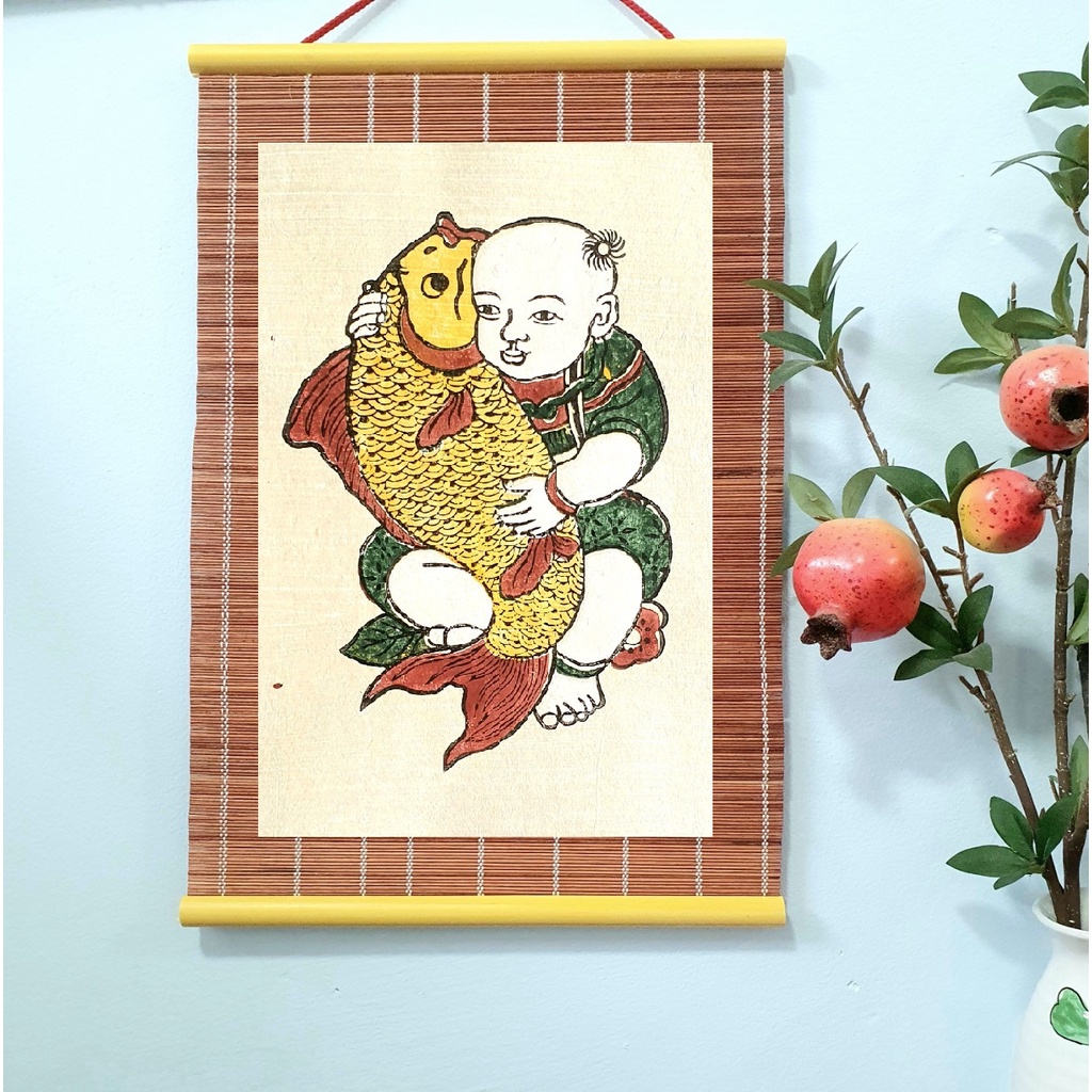 Tranh Đông Hồ Bé ôm cá chép - Little Boy Holding Carp - Dong Ho folk woodcut painting