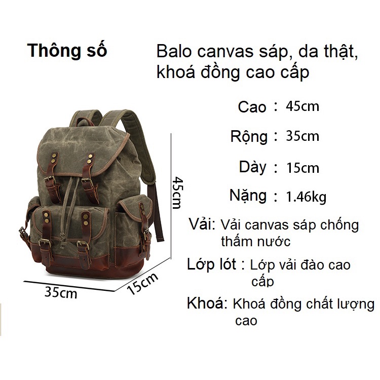 Balo 2 canvas sáp, da thật, khoá đồng cao cấp