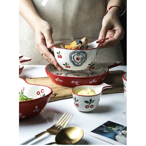 Bát đĩa sứ Cherry đỏ, bộ chén bát ăn cơm gia đình quả cherry anh đào đỏ