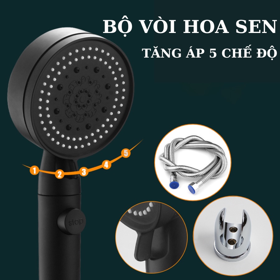 Bộ vòi hoa sen, đầu vòi sen 5 chế độ nước, tăng áp 400%, thiết kế tay sen đen nhám chất liệu inox chống gỉ - Huy Tưởng
