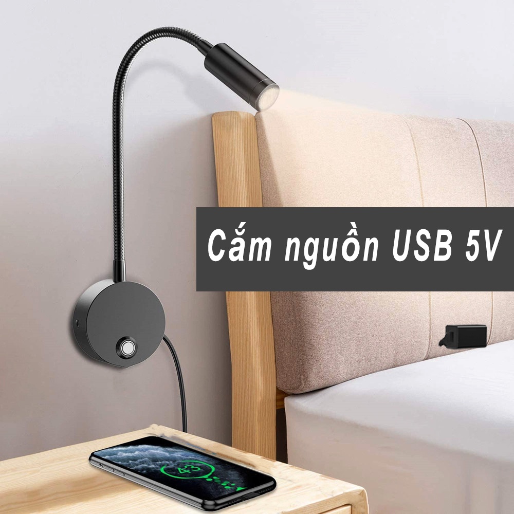 Đèn đầu giường đọc sách 3W - USB 5V, Đèn gắn tường tích hợp đèn Làm việc, Đèn ngủ, Đèn soi tranh trang trí