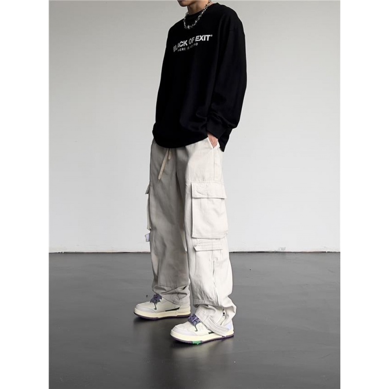 Quần Dài Ống Rộng Lưng Cao Nhiều Túi Phong Cách Retro Mỹ Cho Nam