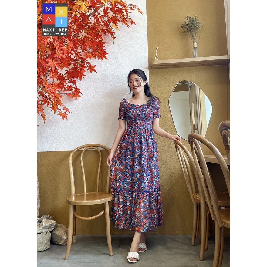 Đầm Trễ Vai Maxi Hoa Đa Sắc Và Chấm Bi Cam Freesize Dưới 55kg