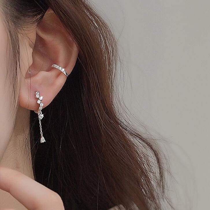 Khuyên tai bạc khuyên tròn sát tai nạm một hàng đá thả đá tua dài nhẹ nhàng Van jewelry