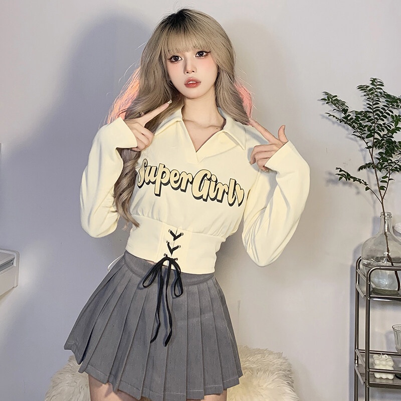 Áo Croptop Tay Dài Cổ Chữ V In Chữ Thời Trang Dành Cho Nữ