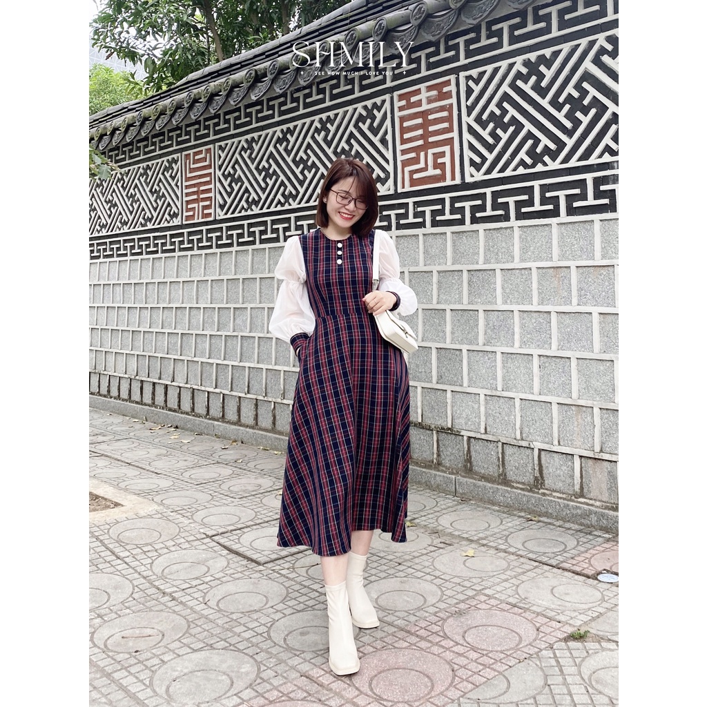 Váy Kẻ Sọc Đỏ Tay Voan Tơ Ánh SHMILY