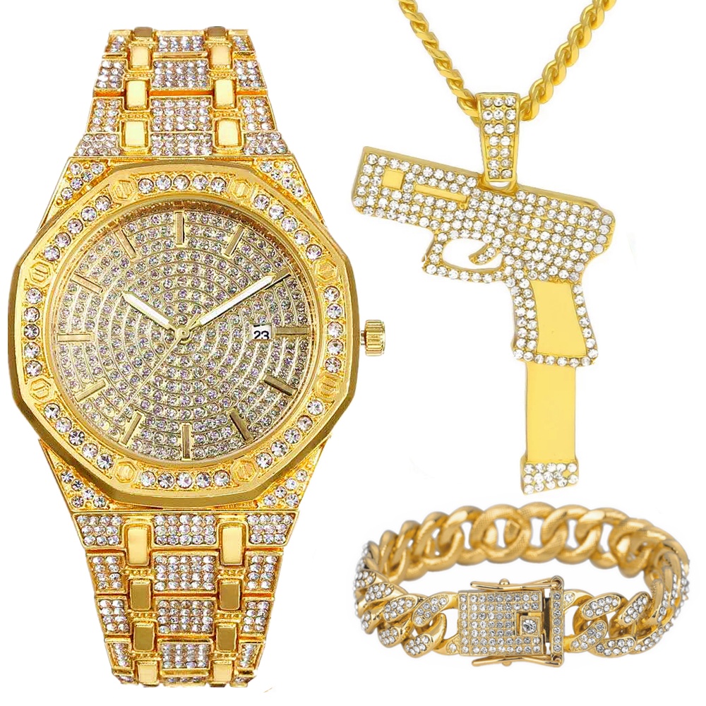 Set 3 Mặt Vòng cổ Đồng Hồ Mạ Vàng Đính Đá Sang Trọng Phong Cách Hip Hop Cho Nam