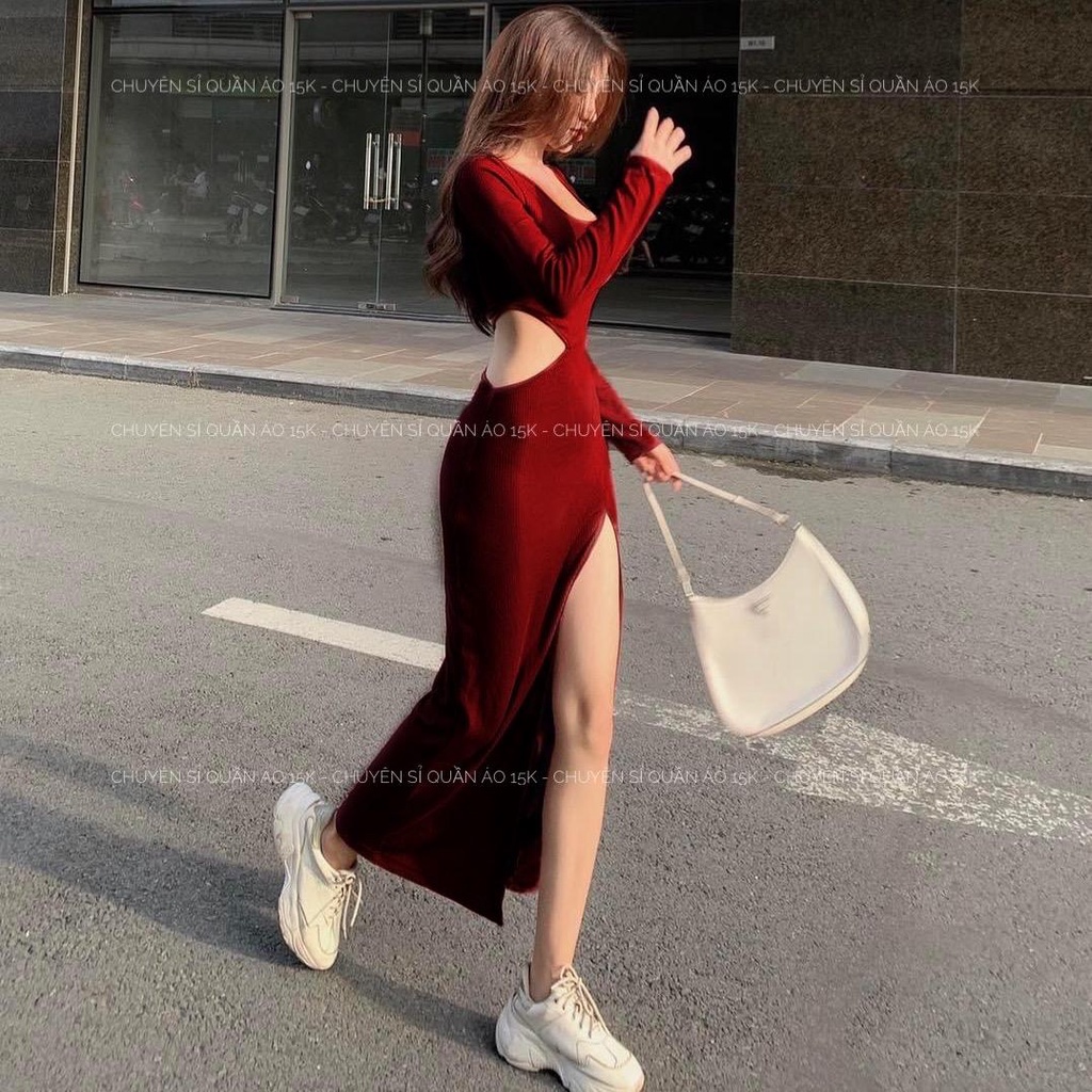 Váy đầm TAY DÀI CỔ U KHOÉT EO body NTDress len tăm co giãn 4 chiều phom ôm body [ 135 ]