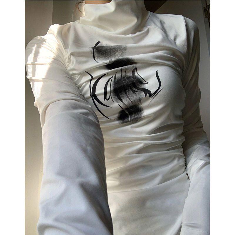 Áo Thun Tay Dài Cổ Lọ Thiết Kế Dây Rút In Họa Tiết Phong Cách Mỹ Thời Trang Thu Đông Mới Cho Nữ