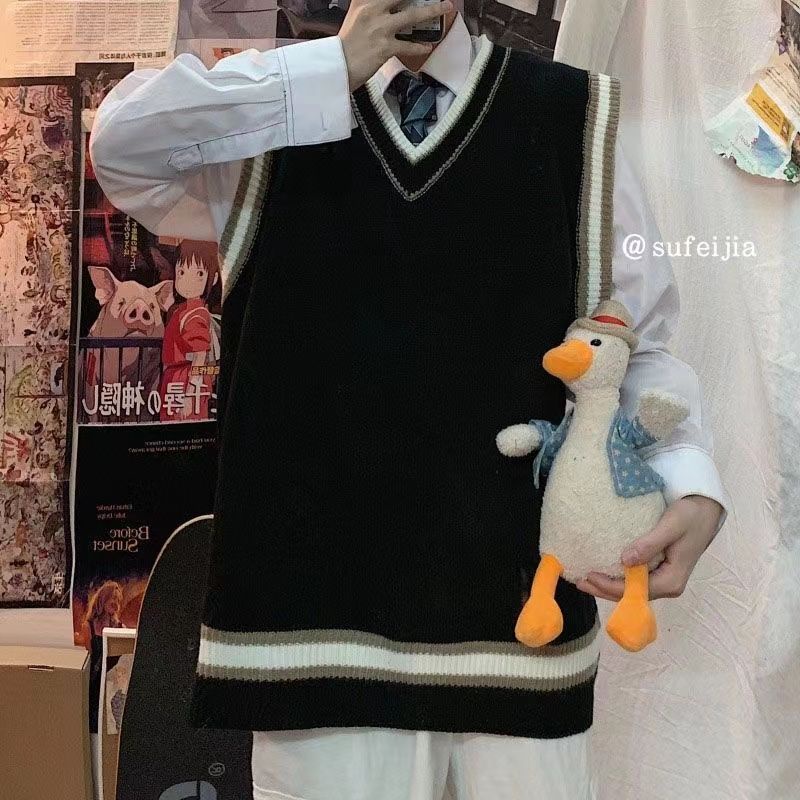 Áo Dệt Kim Không Tay Dáng Rộng Cổ Chữ V Màu Sắc Tương Phản Phong Cách Retro Nhật Hàn Dành Cho Nữ