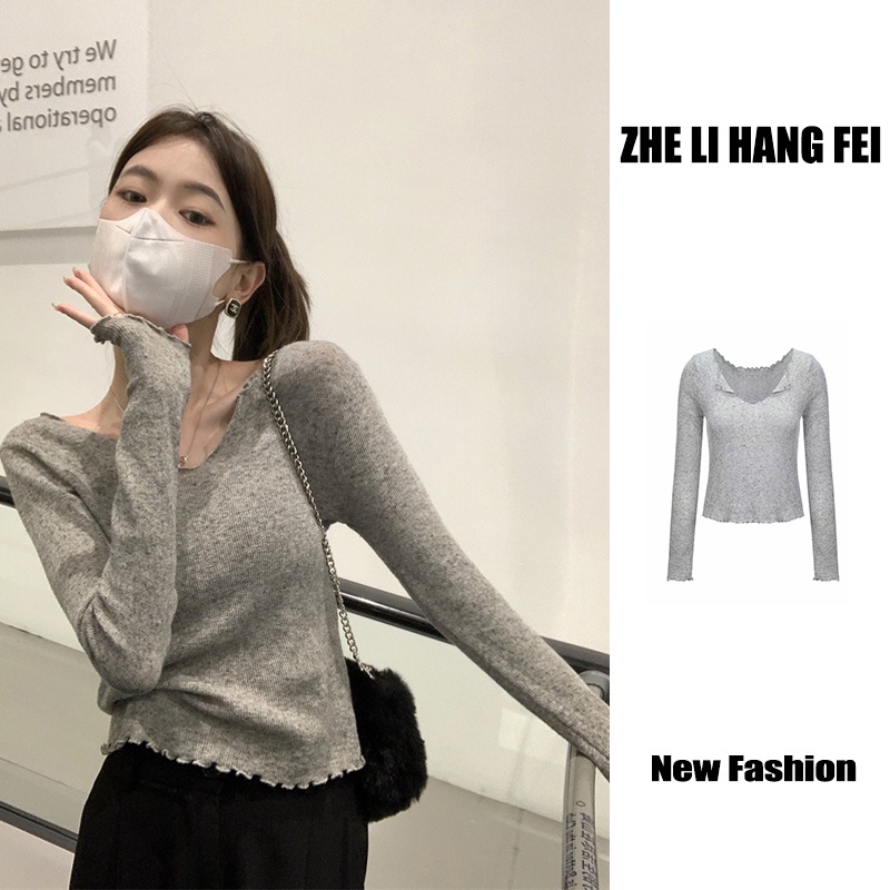 Áo len ZHELIHANGFEI tay dài cổ chữ V dáng ôm gợi cảm cho nữ