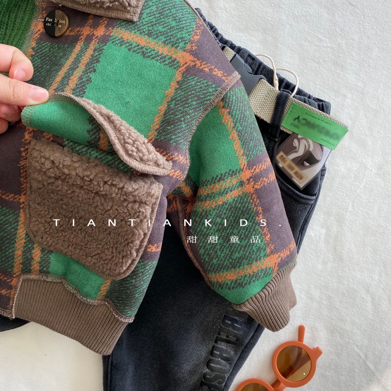 Áo Khoác Lông Cừu Một Hàng Nút Cài Màu Xanh Lá Cây Phong Cách Hàn Quốc Thời Trang Thu Đông 2022 Mới Dành Cho Bé Trai Bé Gái