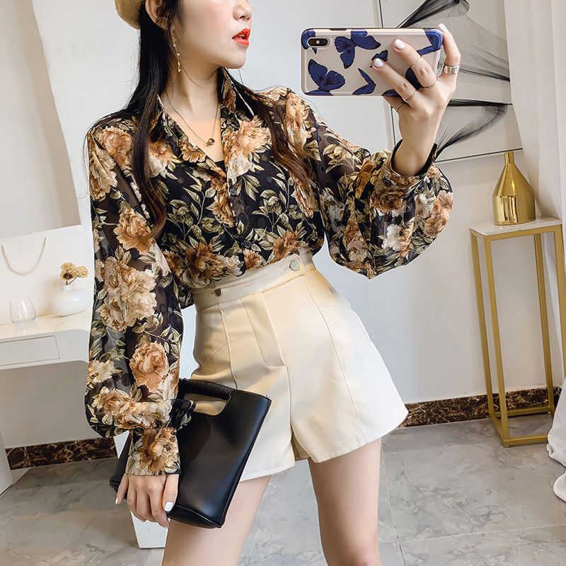 Áo Sơ Mi Chiffon Tay Dài Dáng Rộng In Họa Tiết Hoa Thời Trang Cho Nữ