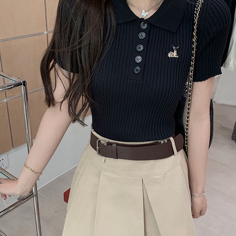 Áo Dệt Kim Tay Ngắn Cổ polo Dáng Ôm Phong Cách Thời Trang Hàn Quốc Dành Cho Nữ
