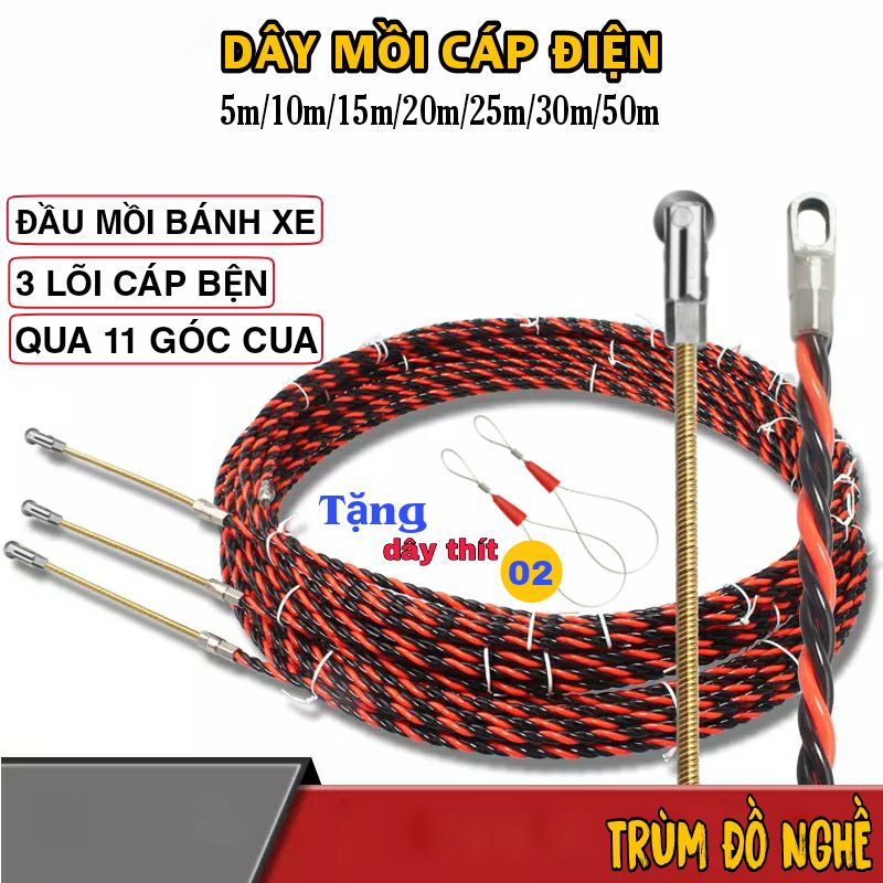 Dây mồi cáp đầu bánh xe 3 lõi nhựa nguyên sinh Tặng 02 dây thít cáp điện luồn dây điện ống gen kéo cáp 5m 10m 15m 20m25m