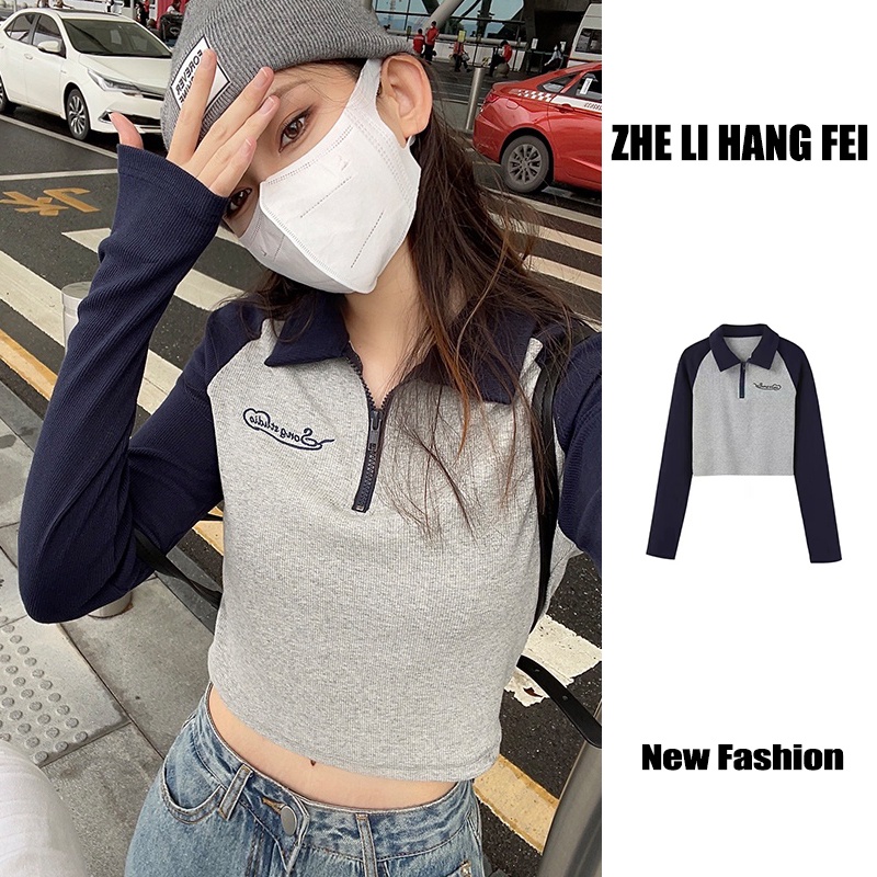 ZHELIHANGFEI Áo Thun Dệt Kim Tay Dài Cổ POLO Quyến Rũ Hợp Thời Trang